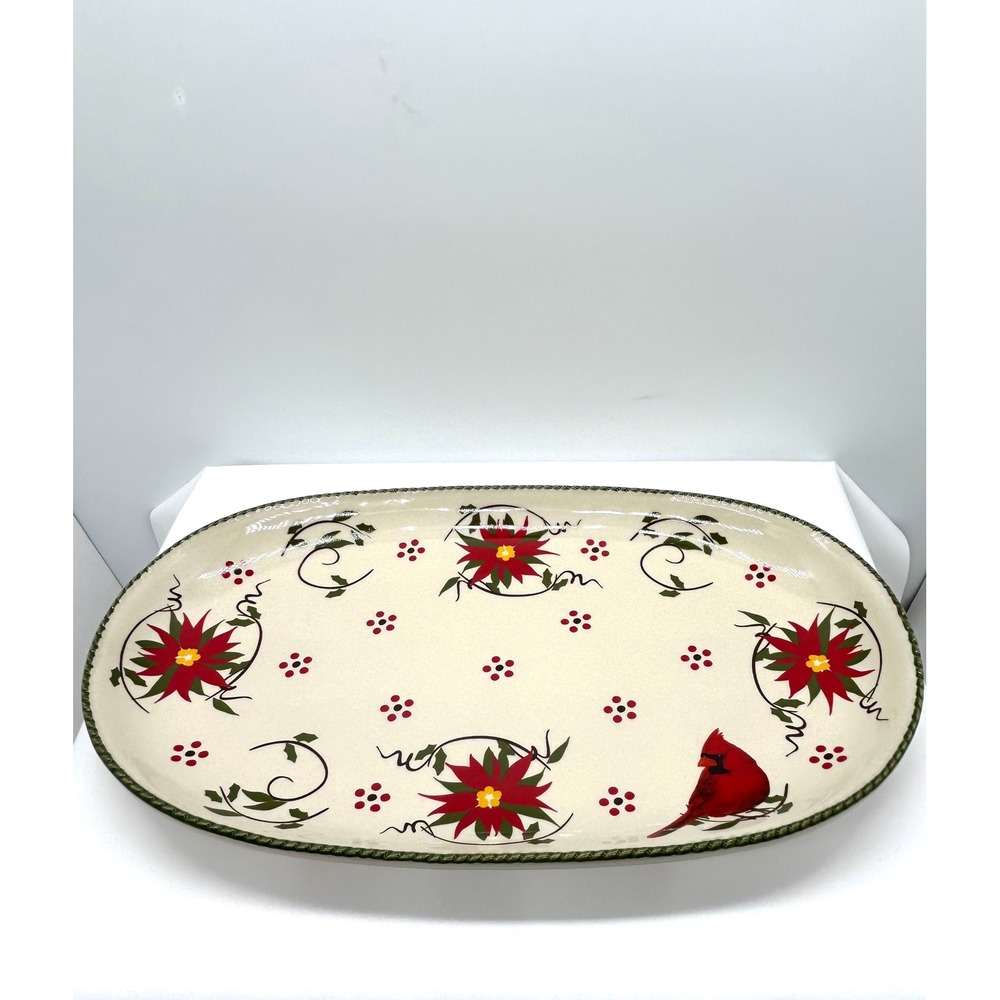 Temp-tations by Tara Winter Whimsy Cardinal Poinsettia Oval Serving Platter 12in
